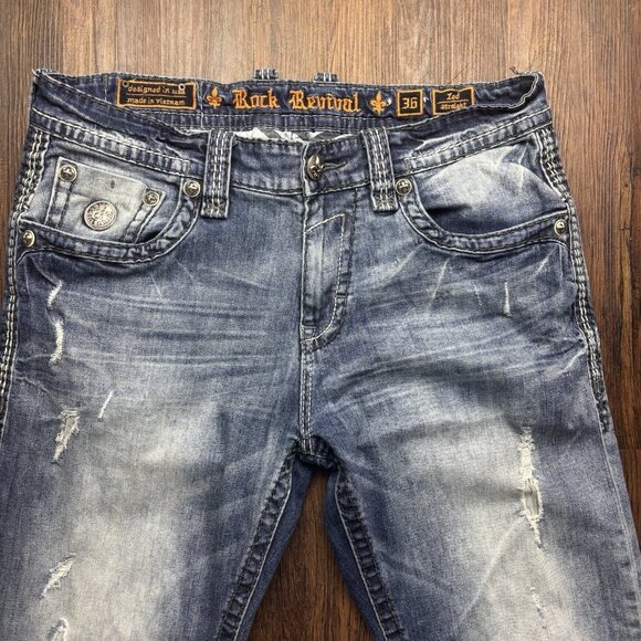 Rock Revival Zed Straight Jeans Distressed Faded Medium Wash Men’s Size 36 - Picture 3 of 13